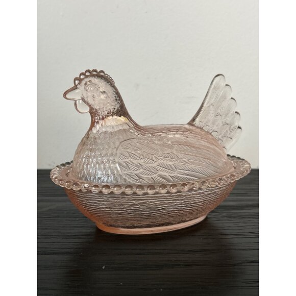 Rare VTG Indiana Glass Pale Pink Peach Glass Hen on Nest Candy Dish Granny-Core - Picture 1 of 14